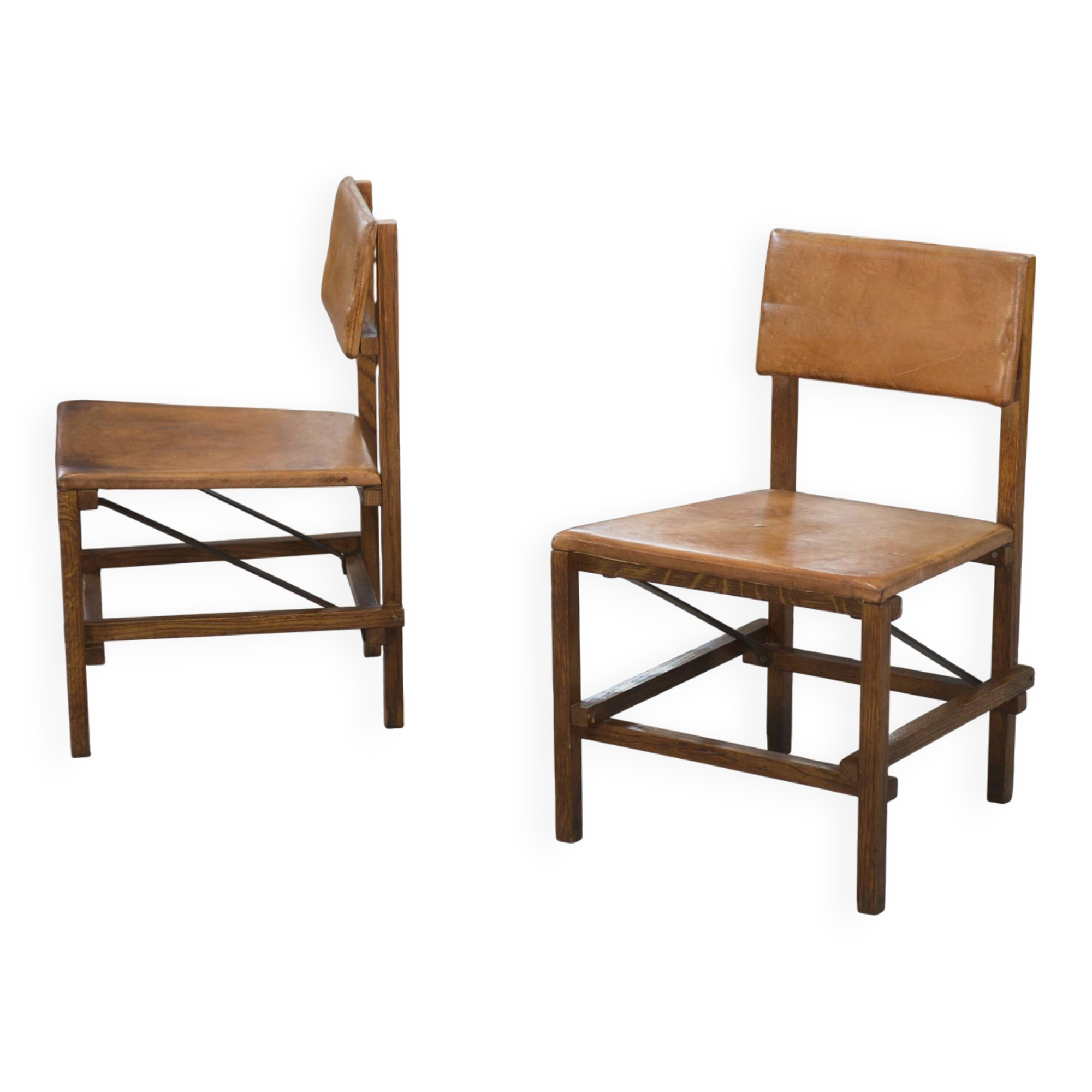 Pair of oak and leather chairs in the style of Gerrit Rietveld 1960s.