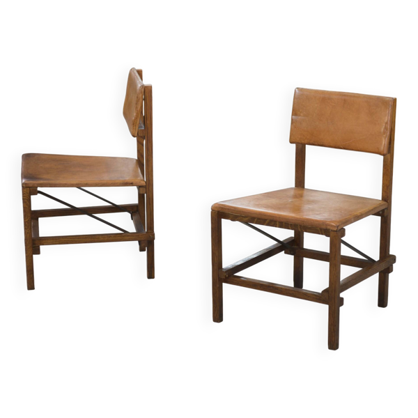 Paire de chaises en chêne et cuir dans le goût de Gerrit Rietveld 1960’s