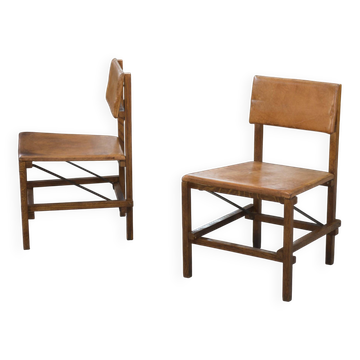 Paire de chaises en chêne et cuir dans le goût de Gerrit Rietveld 1960’s