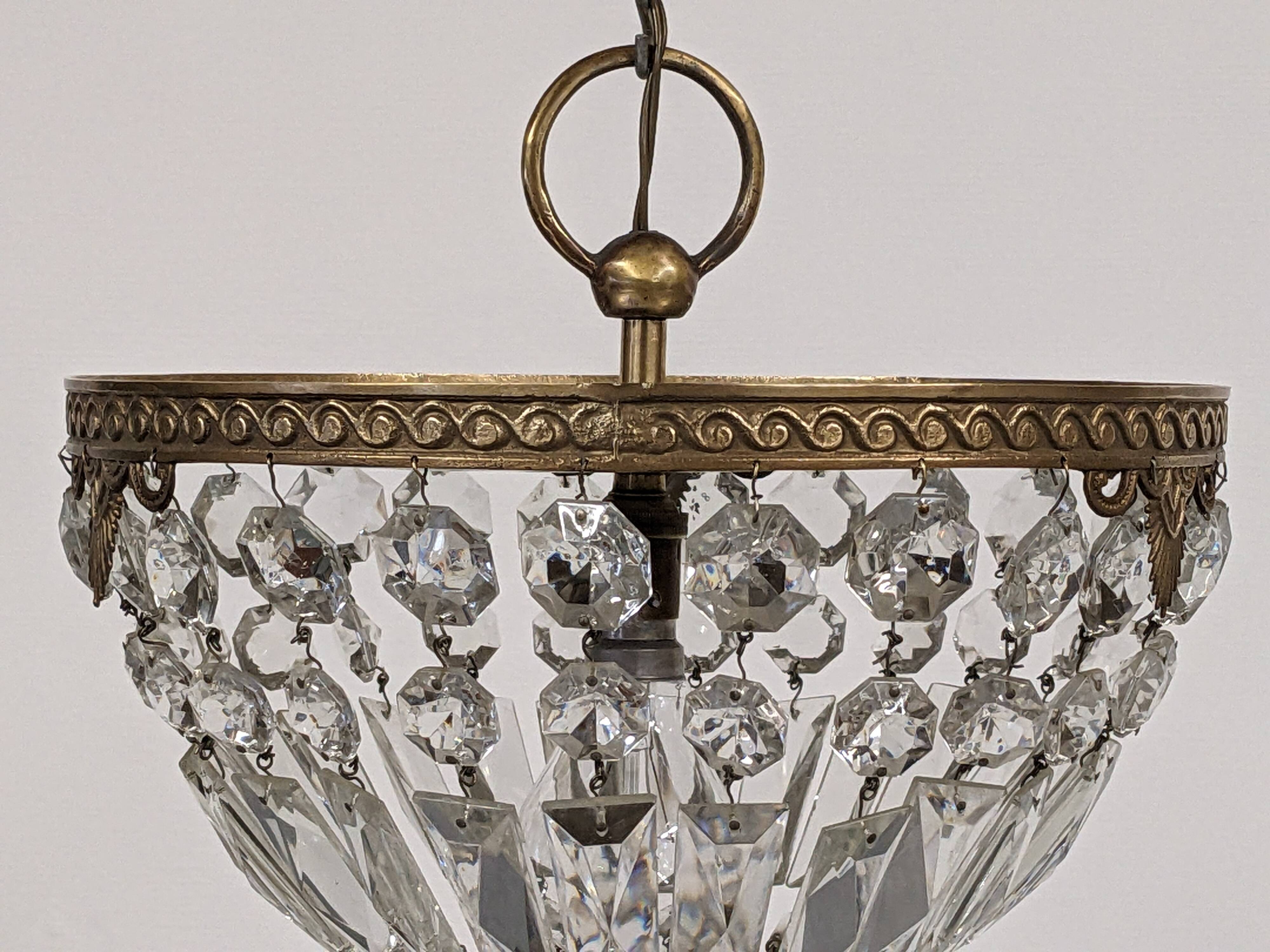 Louis XVI style bronze ceiling light and glass pendants