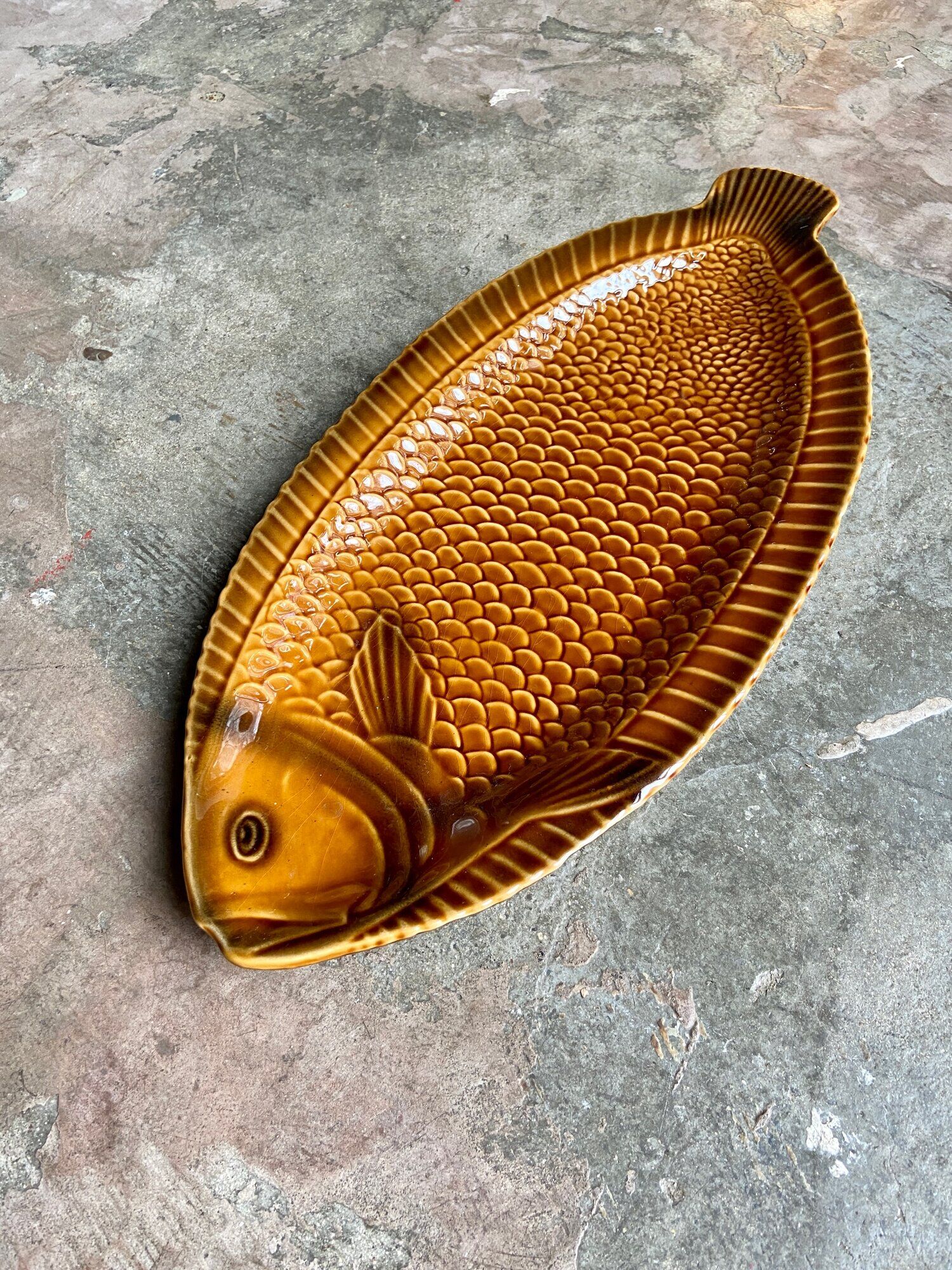 Sarreguemines fish dish in ochre glazed earthenware