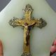 Antique wall-mounted font in green onyx, crucifix in metal and cut glass/crystal.