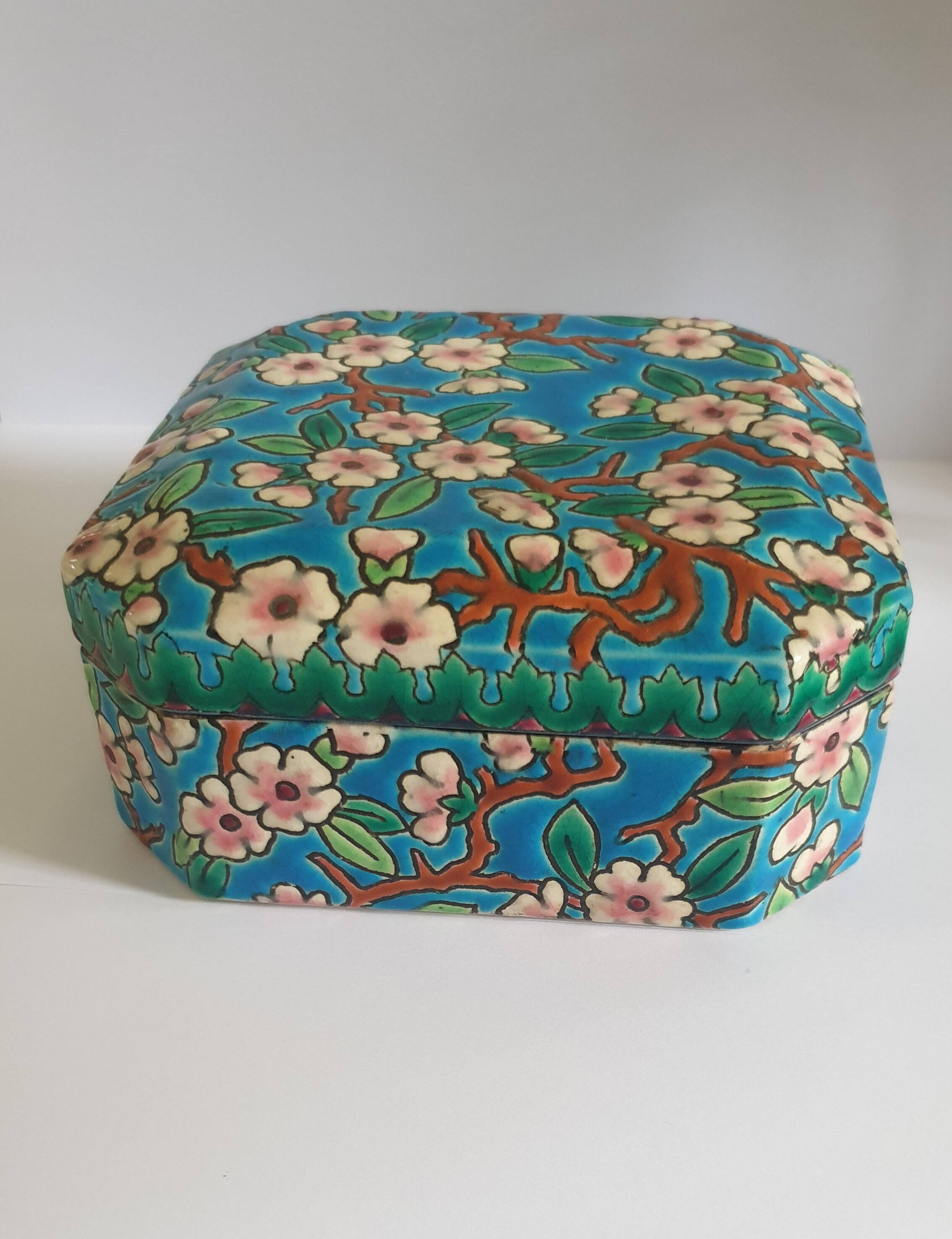 Longwy Enamels Cut Corner Bonbonnière Box with Floral Decoration
