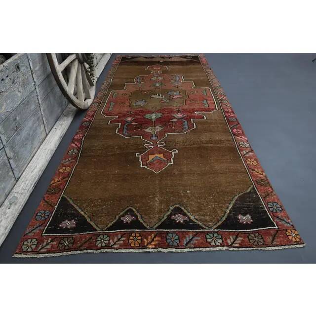 Vintage Turkish Oushak Handmade Wool Cotton Brown Runner Rug 165x417
