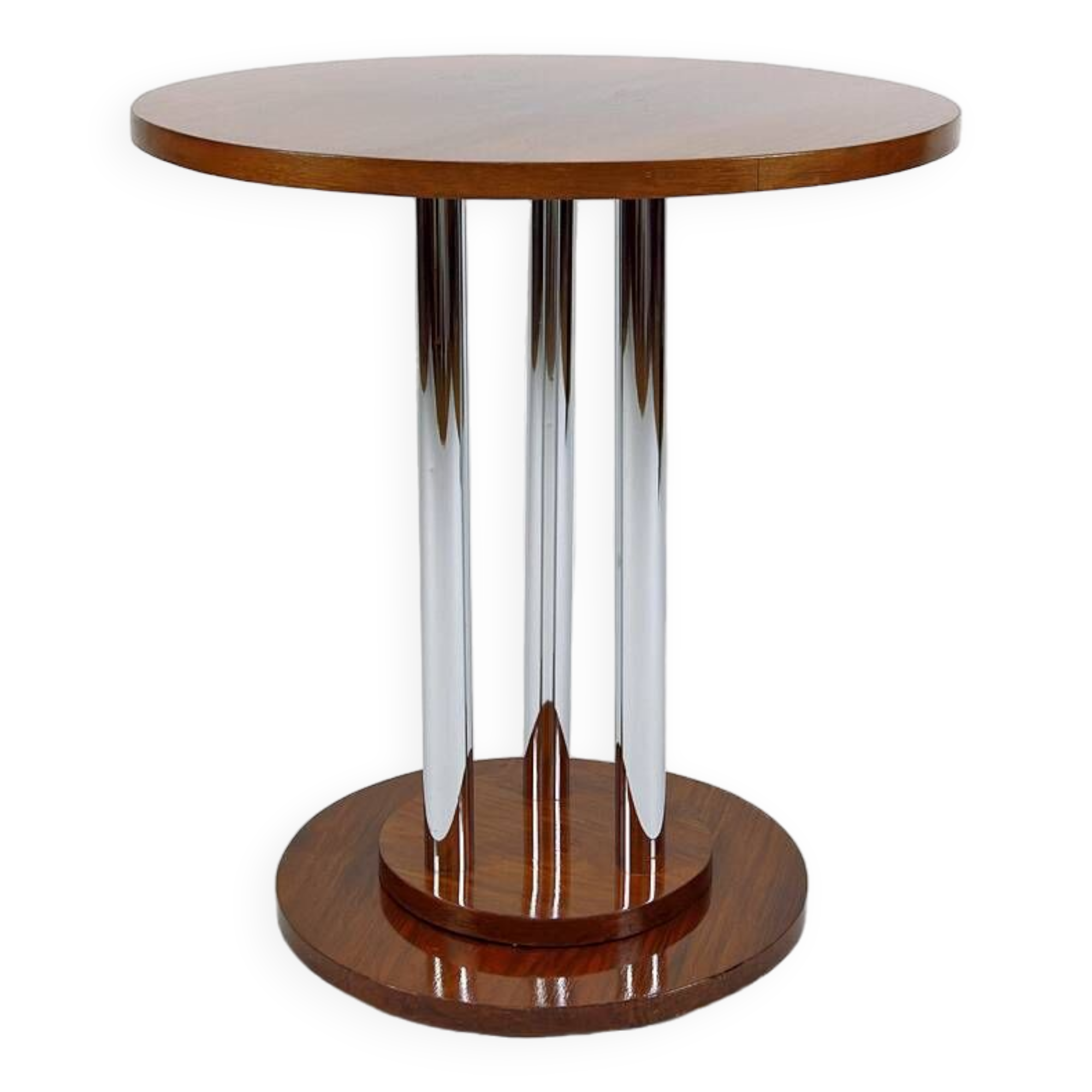 Modernist Art Deco pedestal table in walnut and chrome, France, Circa 1930