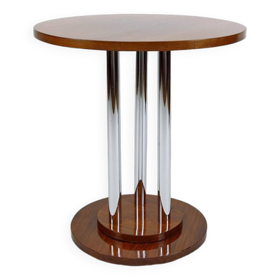 Guéridon Art Deco moderniste en noyer et chrome, France, Circa 1930