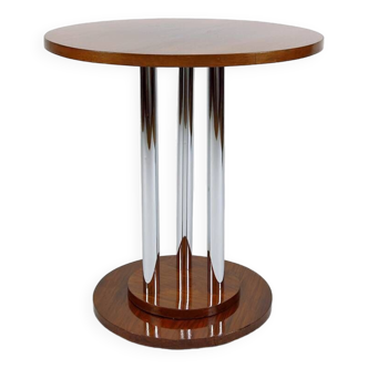 Modernist Art Deco pedestal table in walnut and chrome, France, Circa 1930