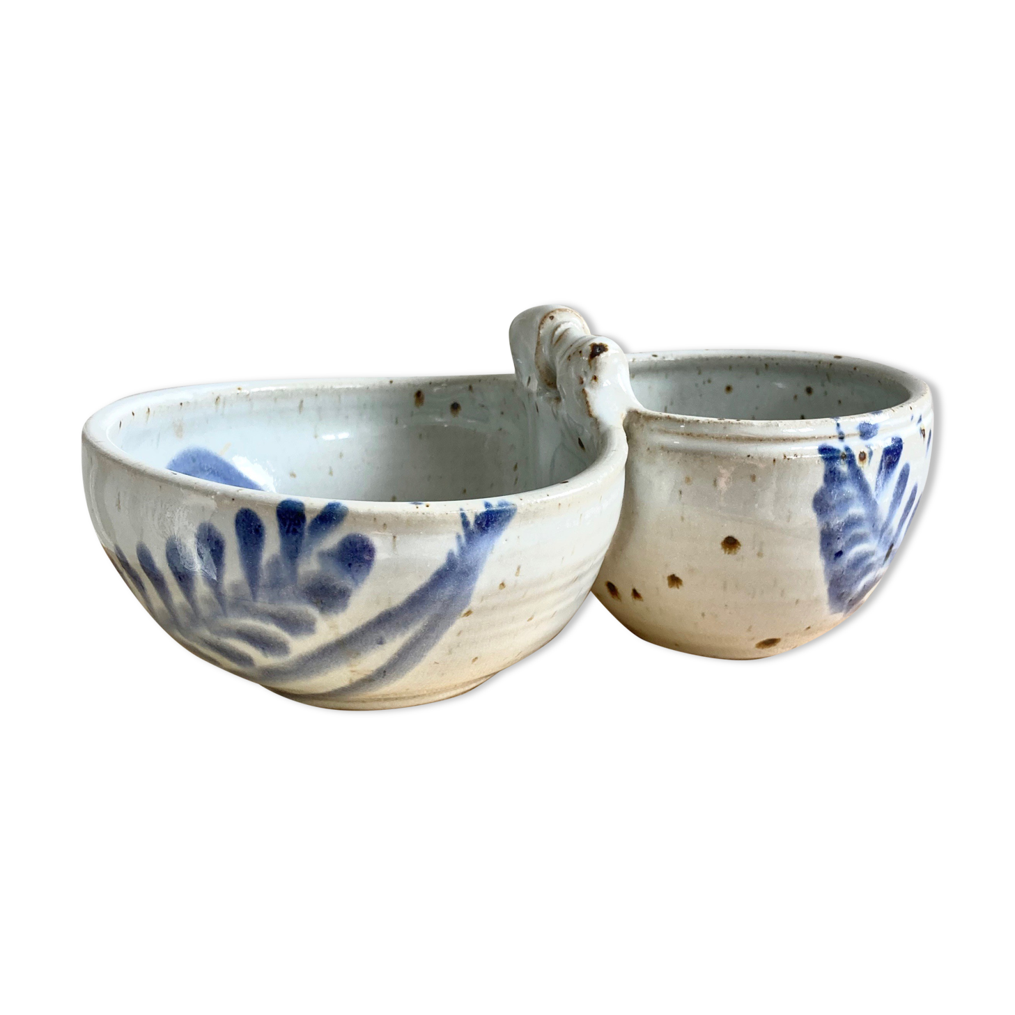 Appetizer server with two stoneware bowls or cups