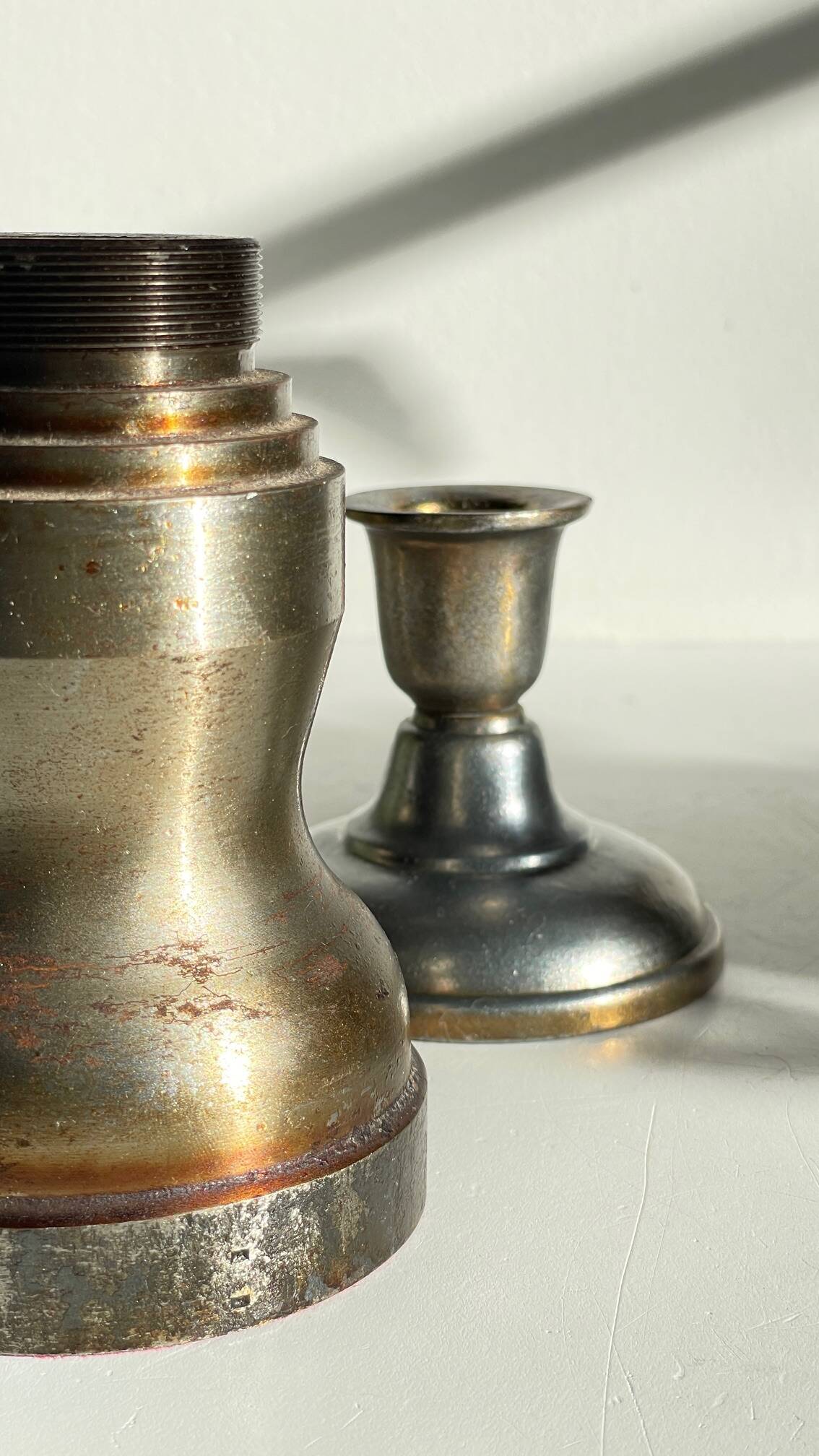 Industrial candle holders steel and silver bronze vintage