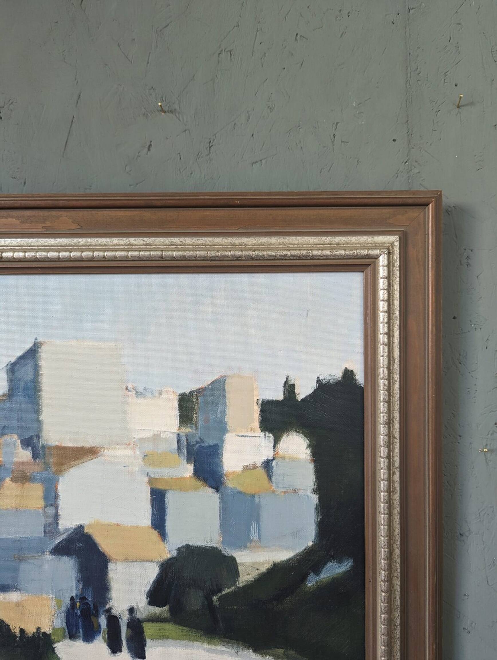 Mid-Century Modern "City Stroll" Vintage Swedish Cityscape Street Scene Oil Painting, Framed