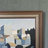 Peinture à l’huile de scène de rue de paysage urbain suédois vintage moderne du milieu du siècle « City Stroll », encadrée