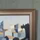 Peinture à l’huile de scène de rue de paysage urbain suédois vintage moderne du milieu du siècle « City Stroll », encadrée