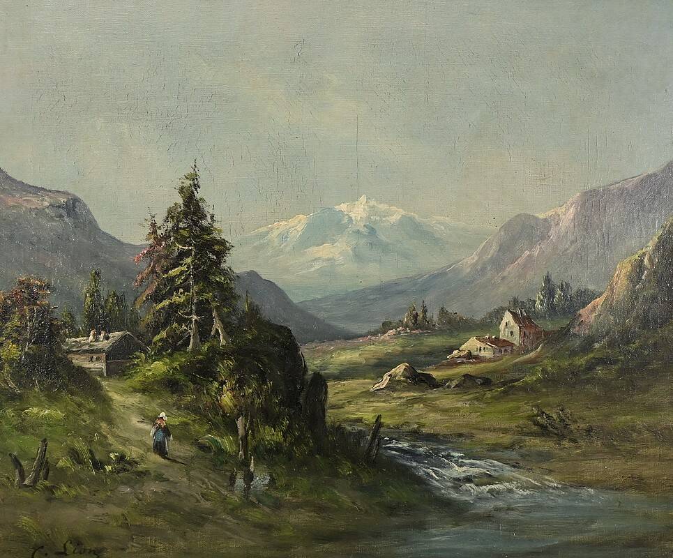 Oil on canvas "Mountain Landscape", signed C. Lion – Late 19th century