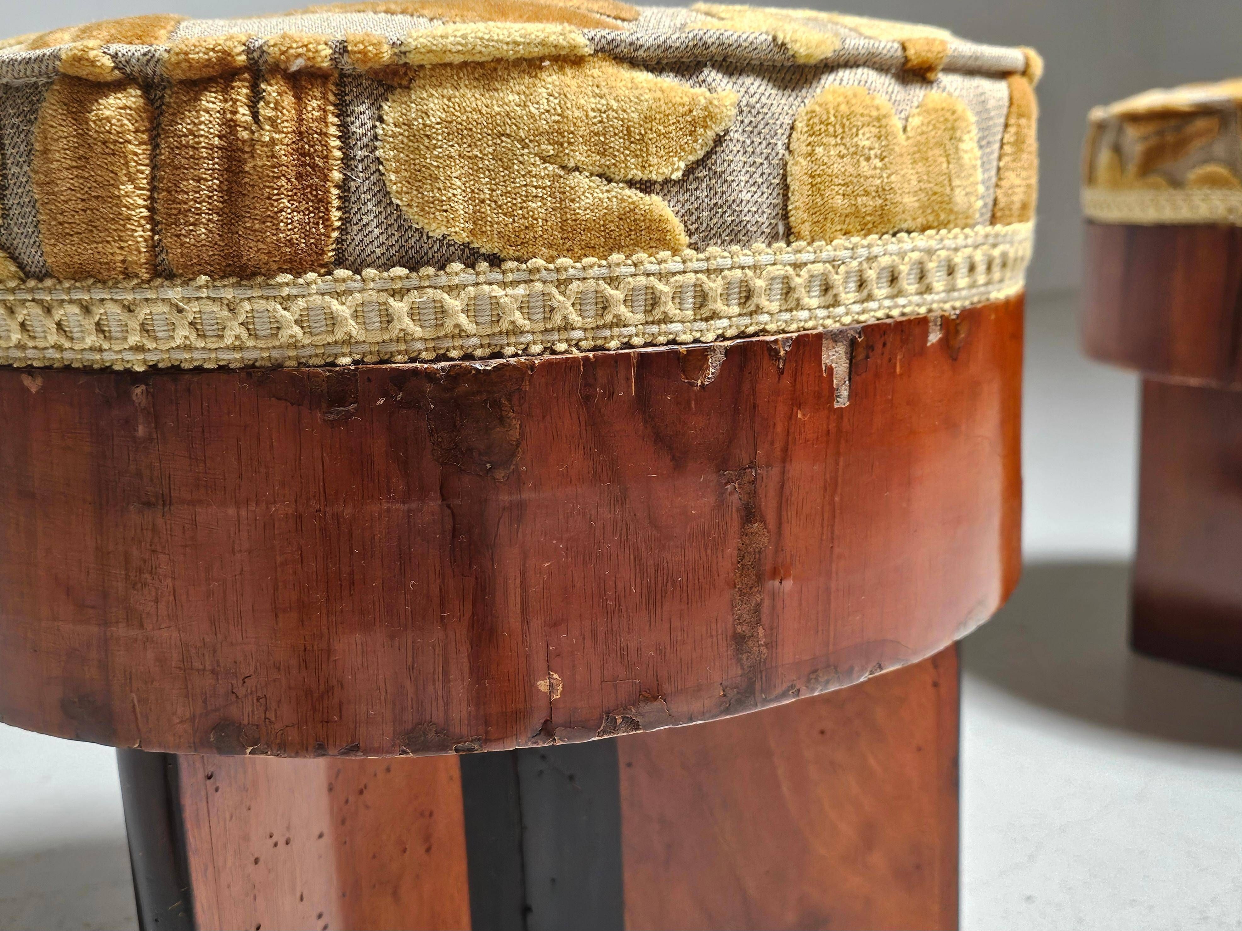 Art Deco stools in walnut and floral printed fabric, Italy.