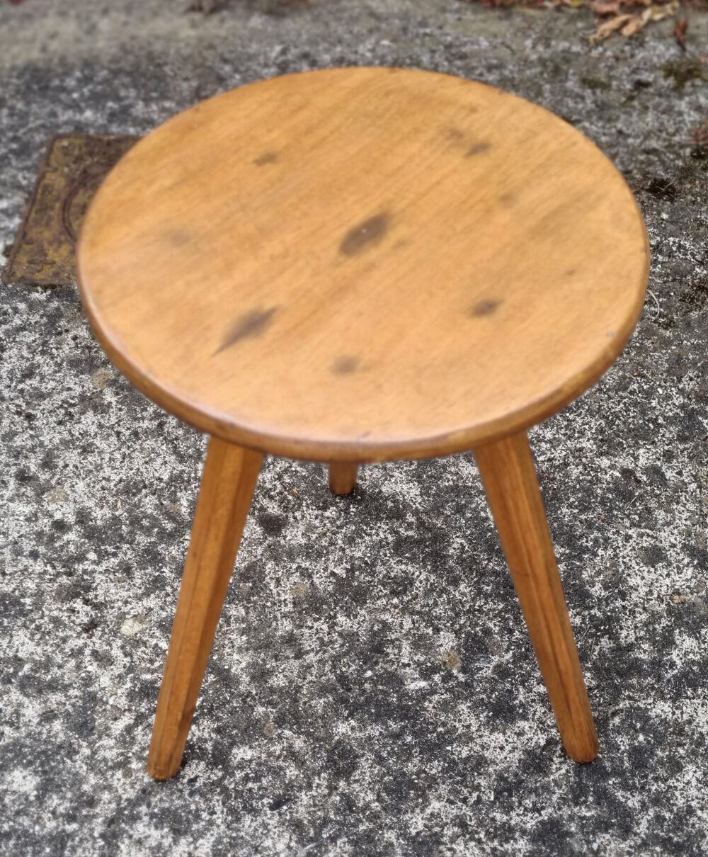 Pair of wooden tripod stools, tapered feet, vintage, 60s