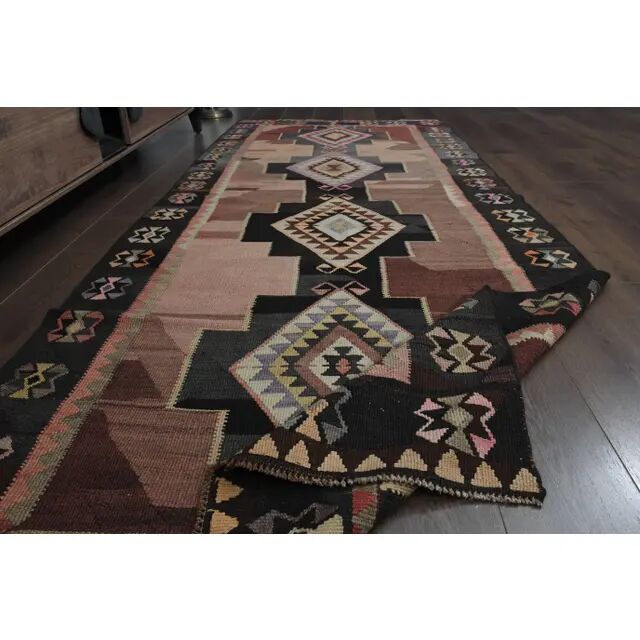 70's Brown Turkish Oushak Handmade Wool Geometric Motif Runner Rug 123x293
