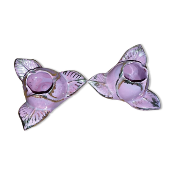 Duo de bougeoirs rose en barbotine, années 40–50