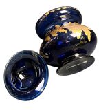 Antique covered pot or sugar bowl in blue and gold glass, early 20th century