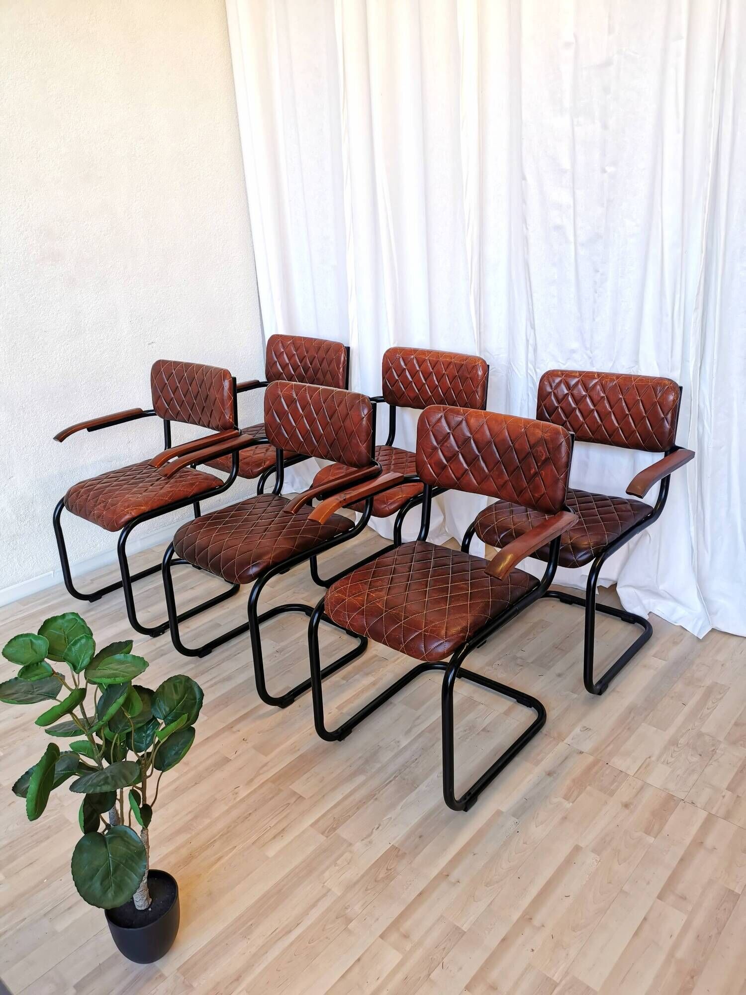Set of 6 Vintage Cognac Leather Dining Chairs: Quilted Industrial Armchair