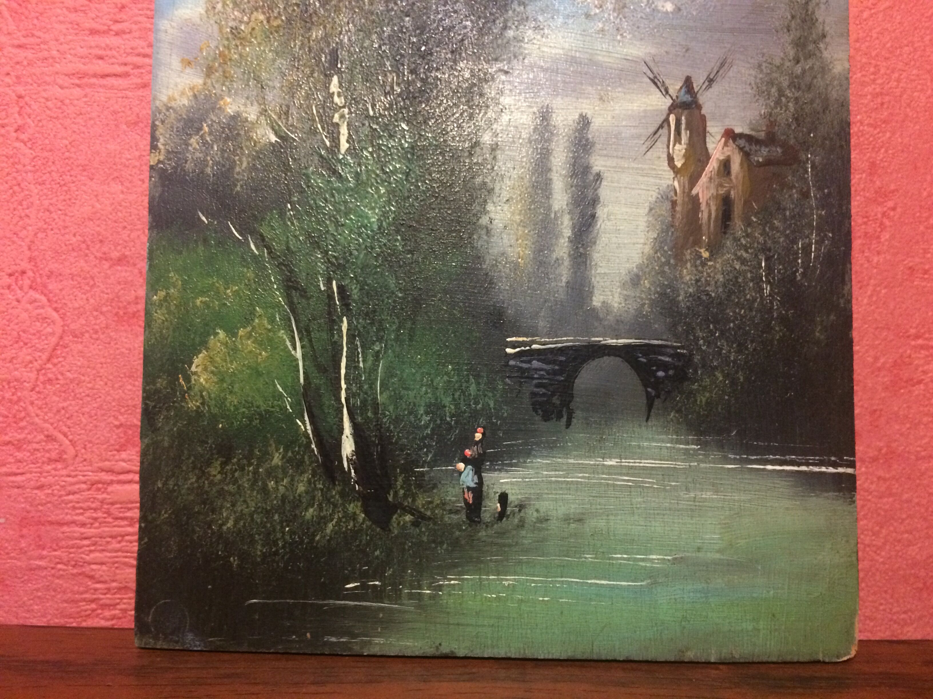 Pair Old Oil Table on Panel View River 19th Vintage Campaign