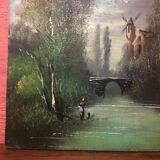 Pair Old Oil Table on Panel View River 19th Vintage Campaign