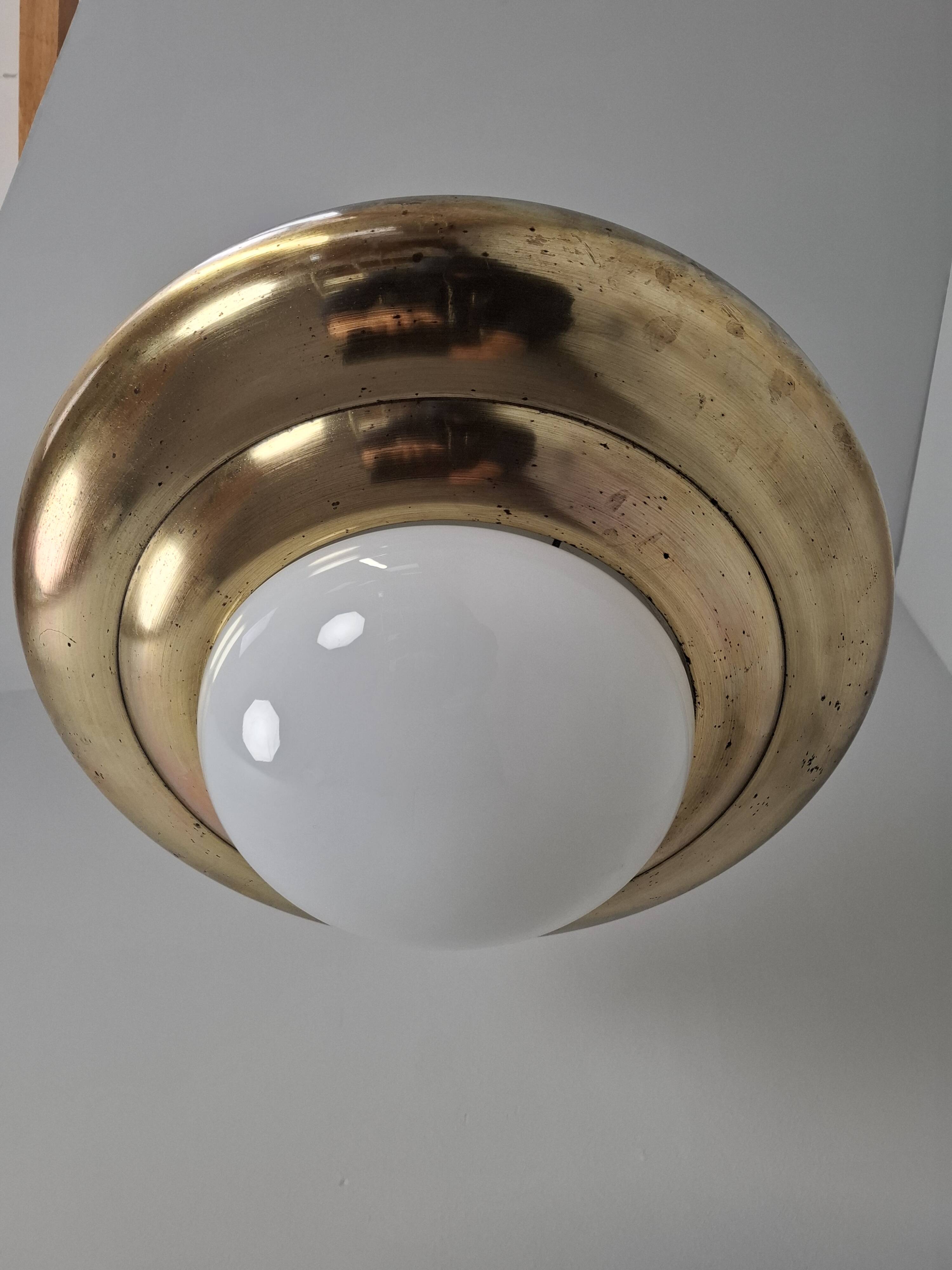 1920 Czechoslovak Art Deco Brass and Opaline Glass Pendant Lamp, Napako 134