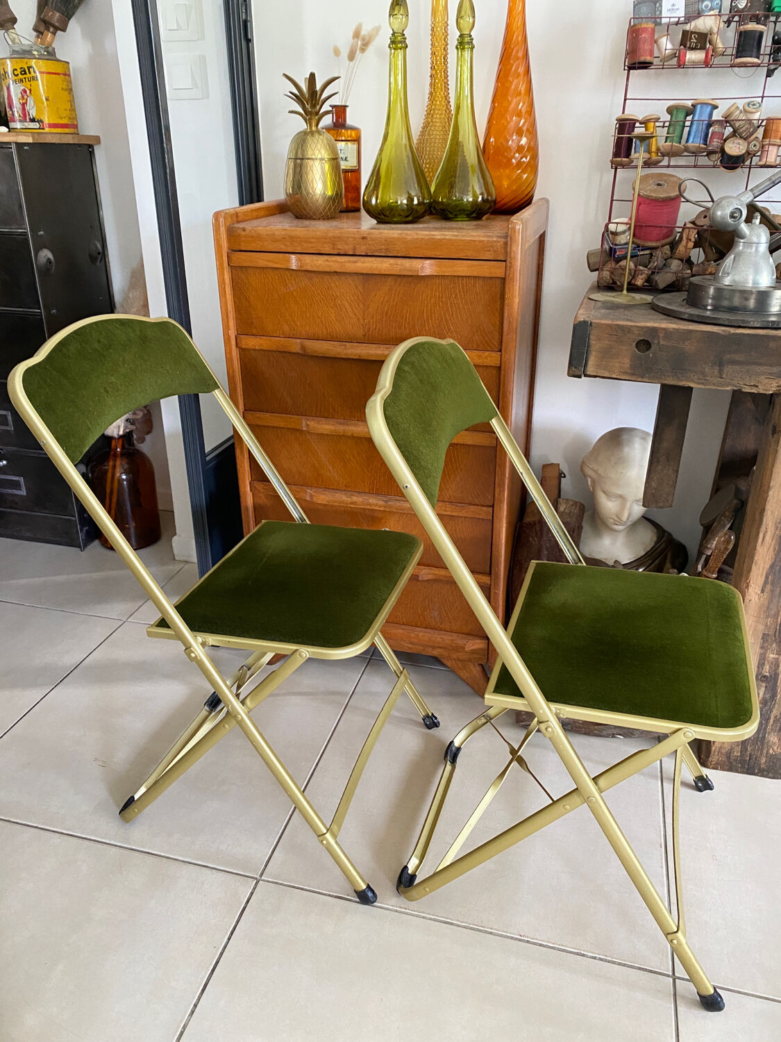 Pair of vintage green velvet folding chairs
