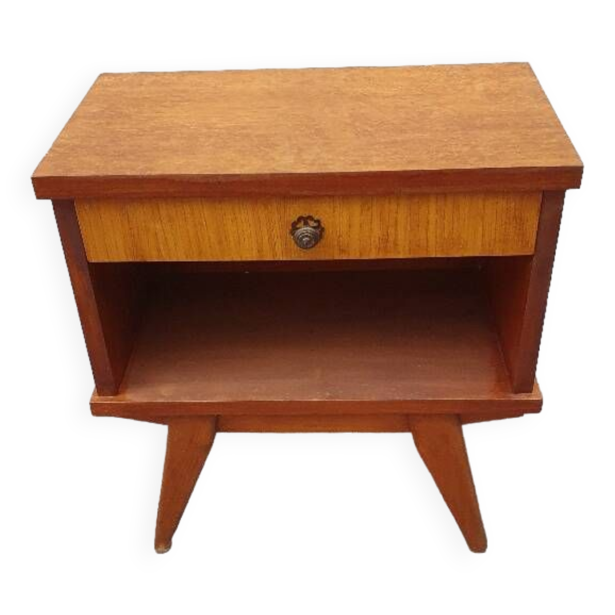 Wooden bedside table, compass legs, 1950