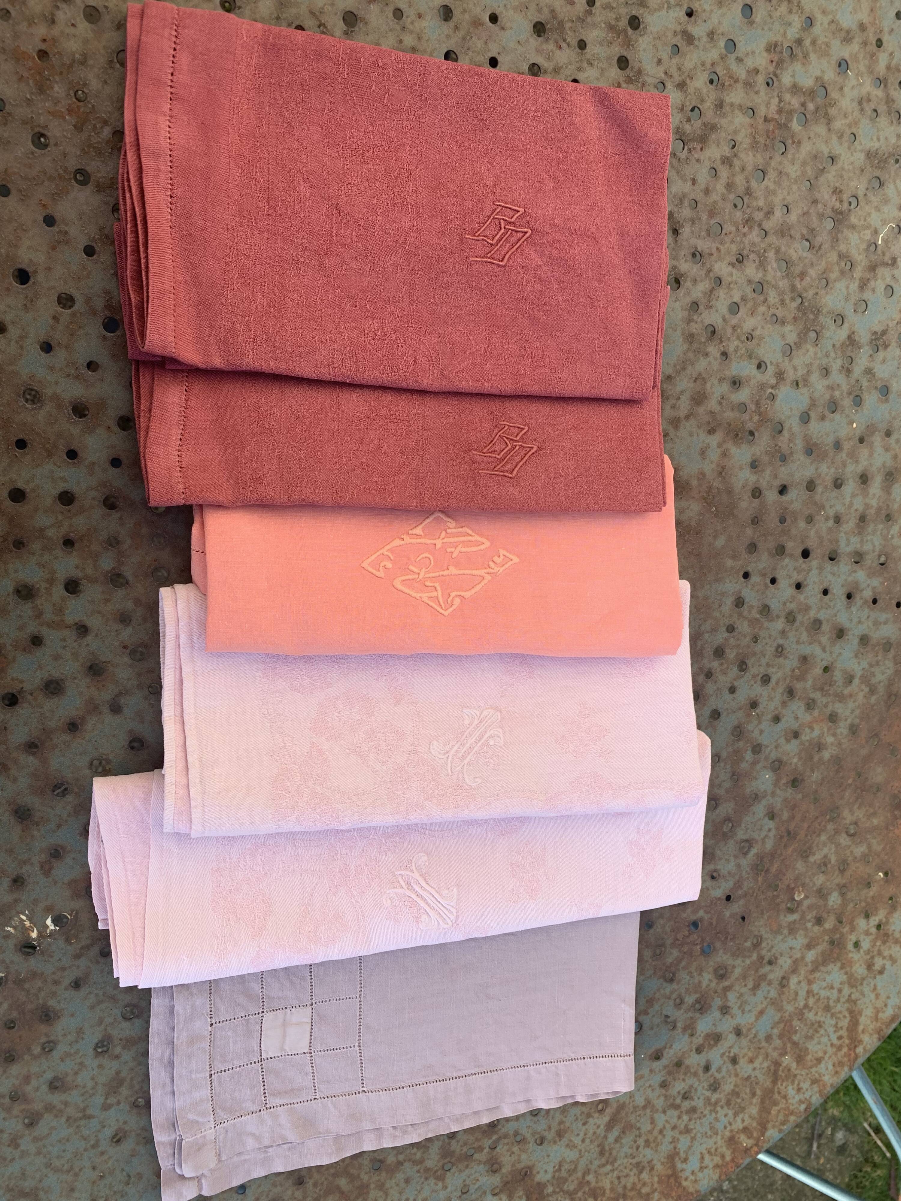 6 large dyed cotton napkins, shades of pink, embroidered and monograms, old, linen