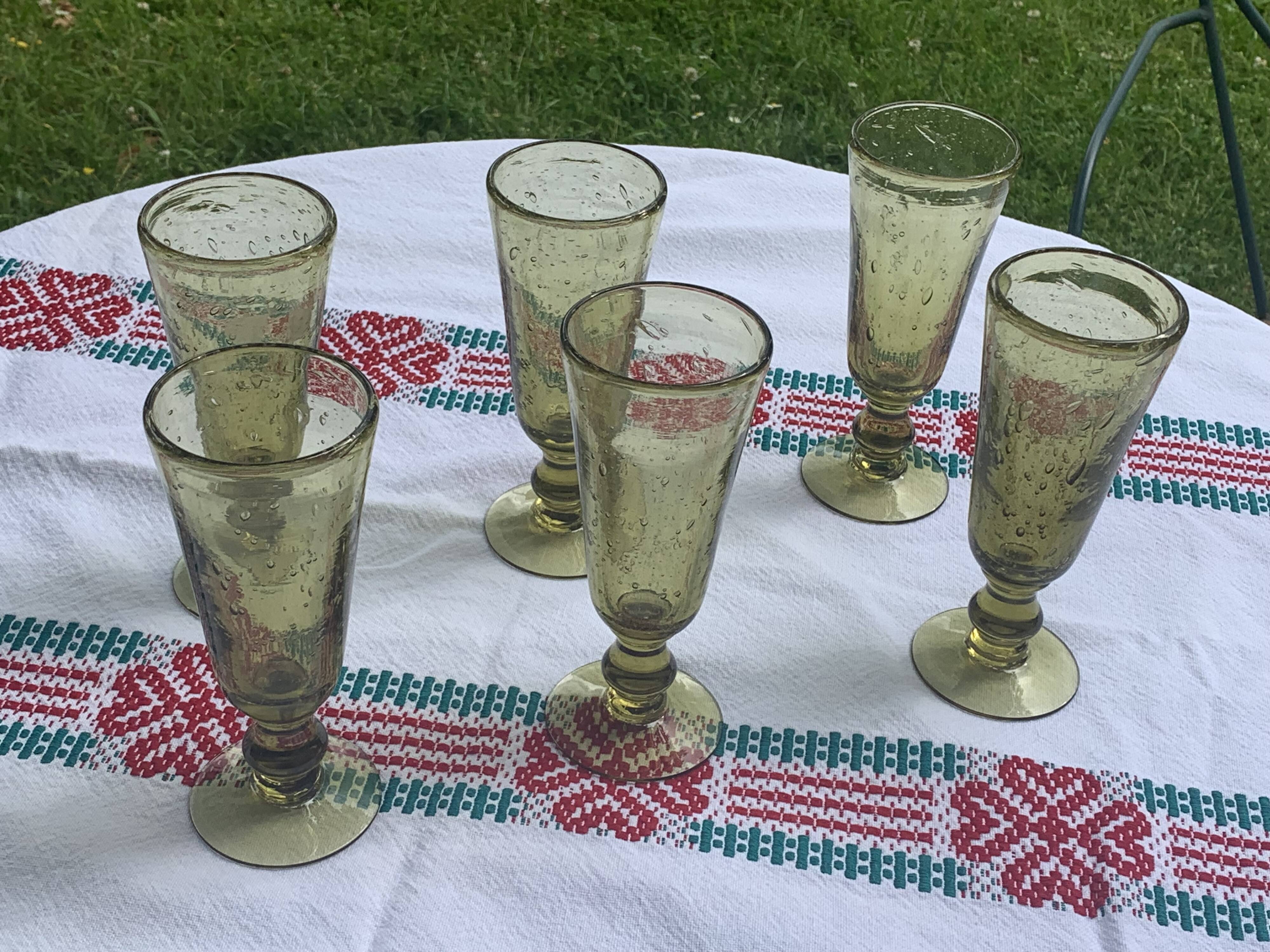 6 champagne flutes, cocktail glass, La Rochere glassware, hand-blown green glass