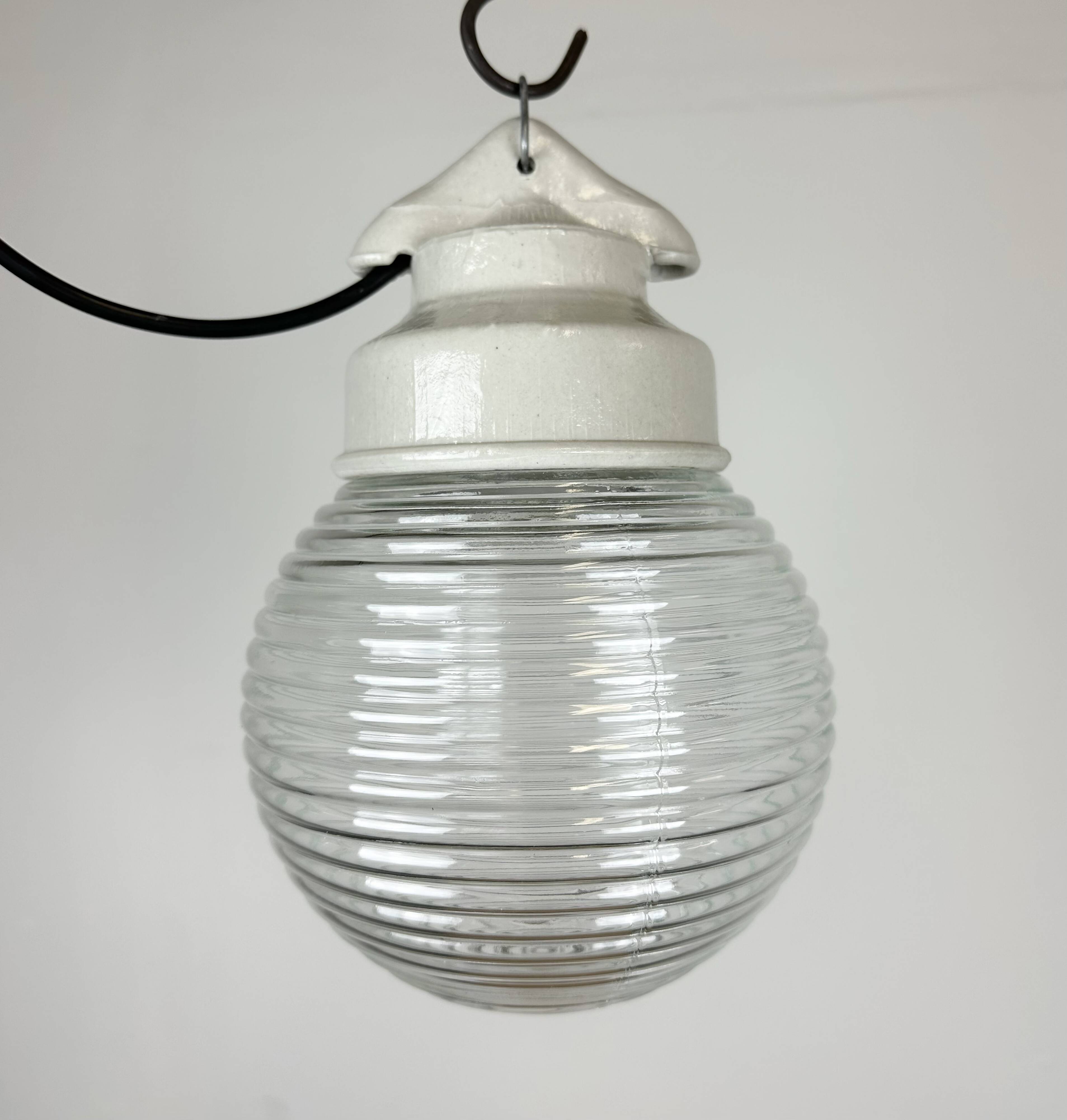Industrial white porcelain pendant light with ribbed glass, 1970s