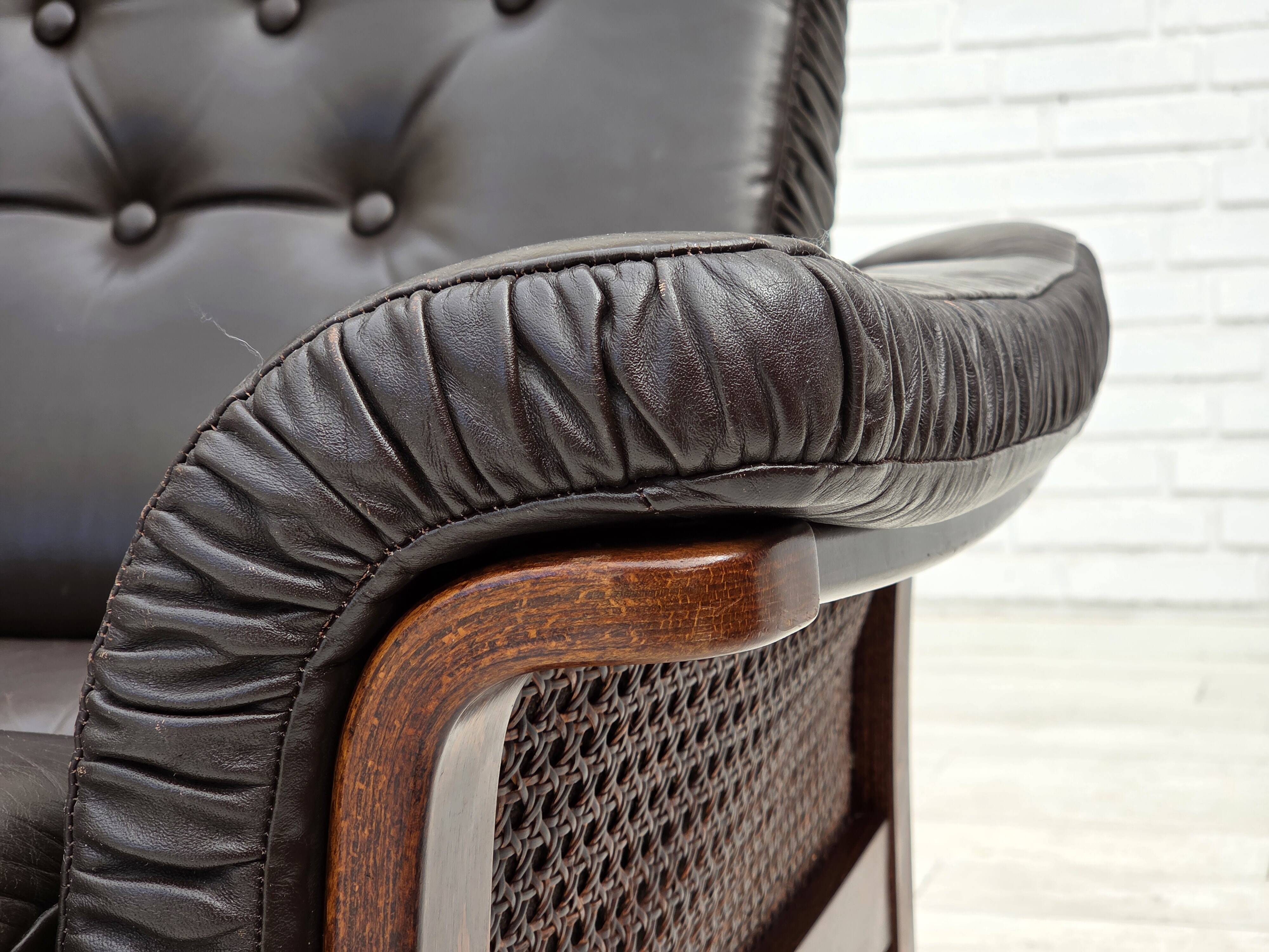 1970s, Scandinavian 3-seater sofa, furniture leather, teak wood legs.