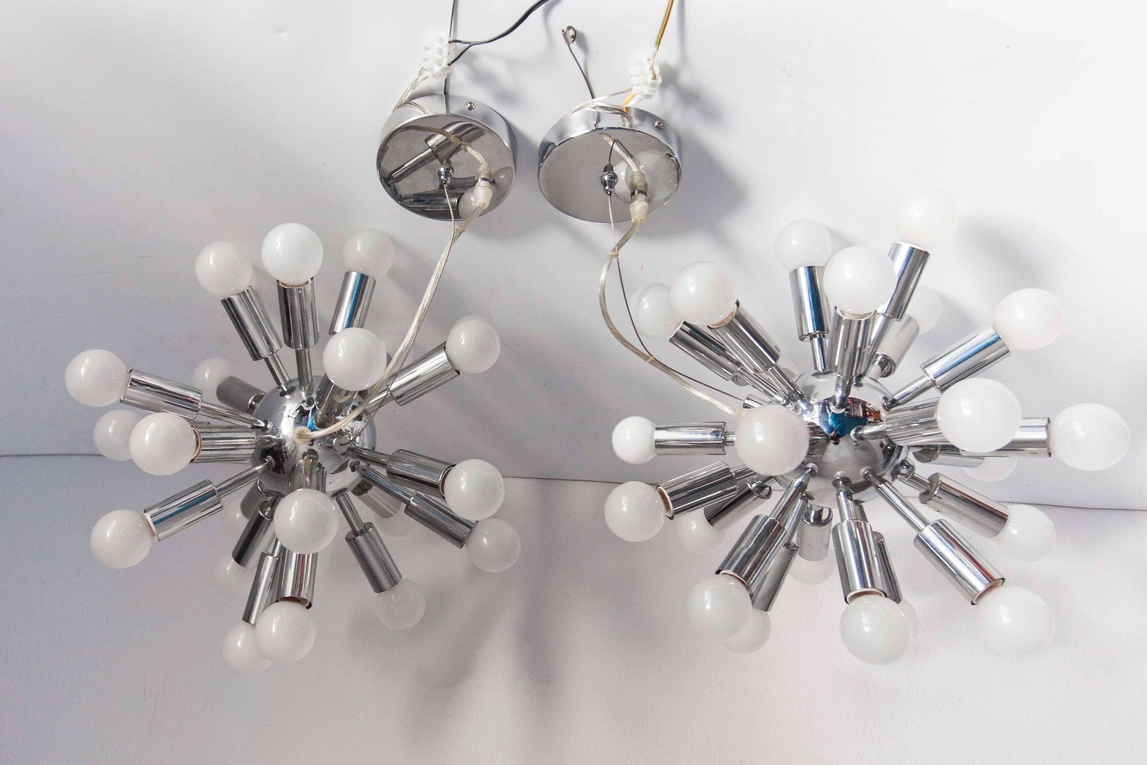 Pair of vintage chrome Sputnik chandeliers