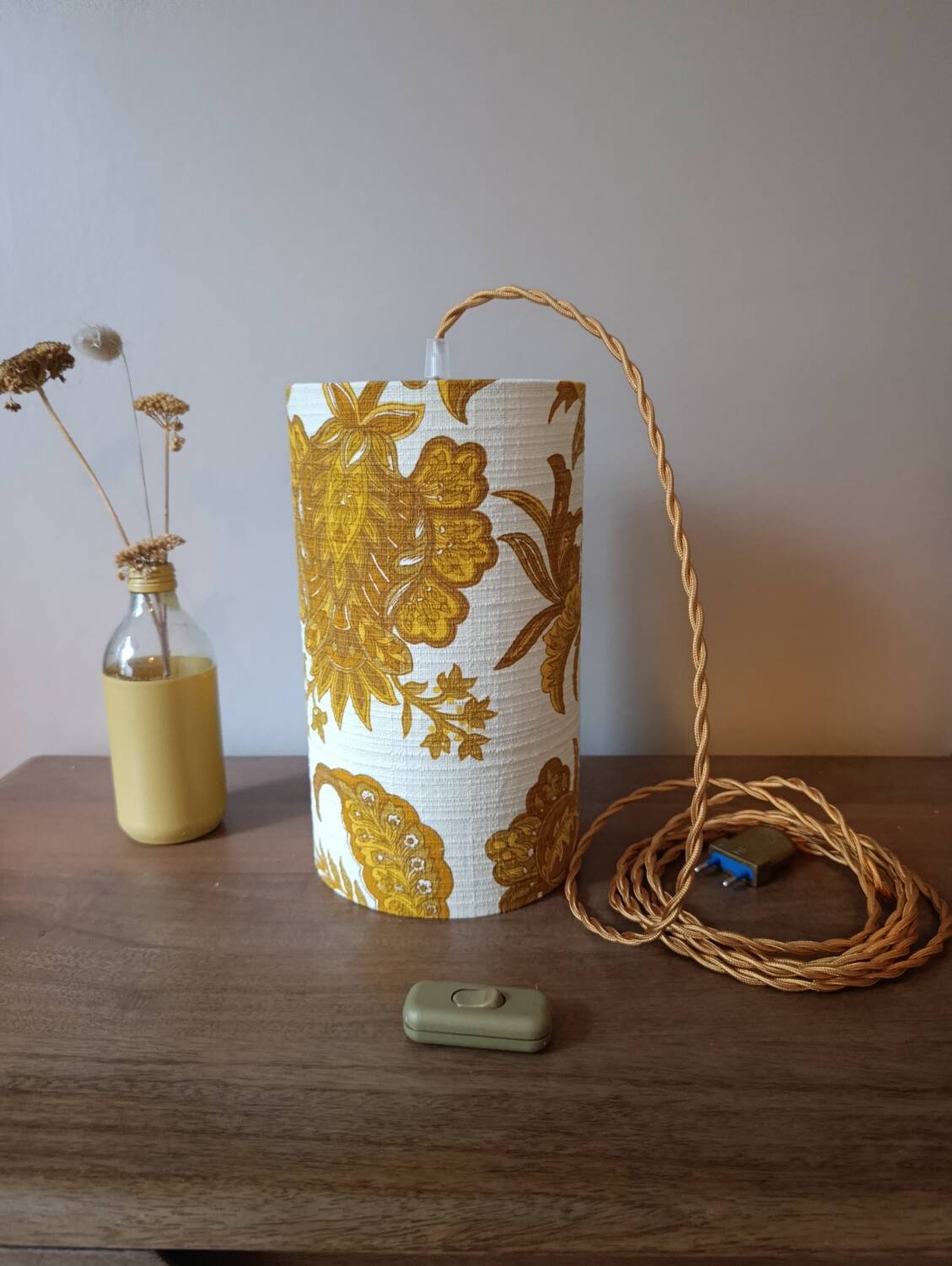 Suspension, nomadic fabric lampshade in vintage yellow floral.