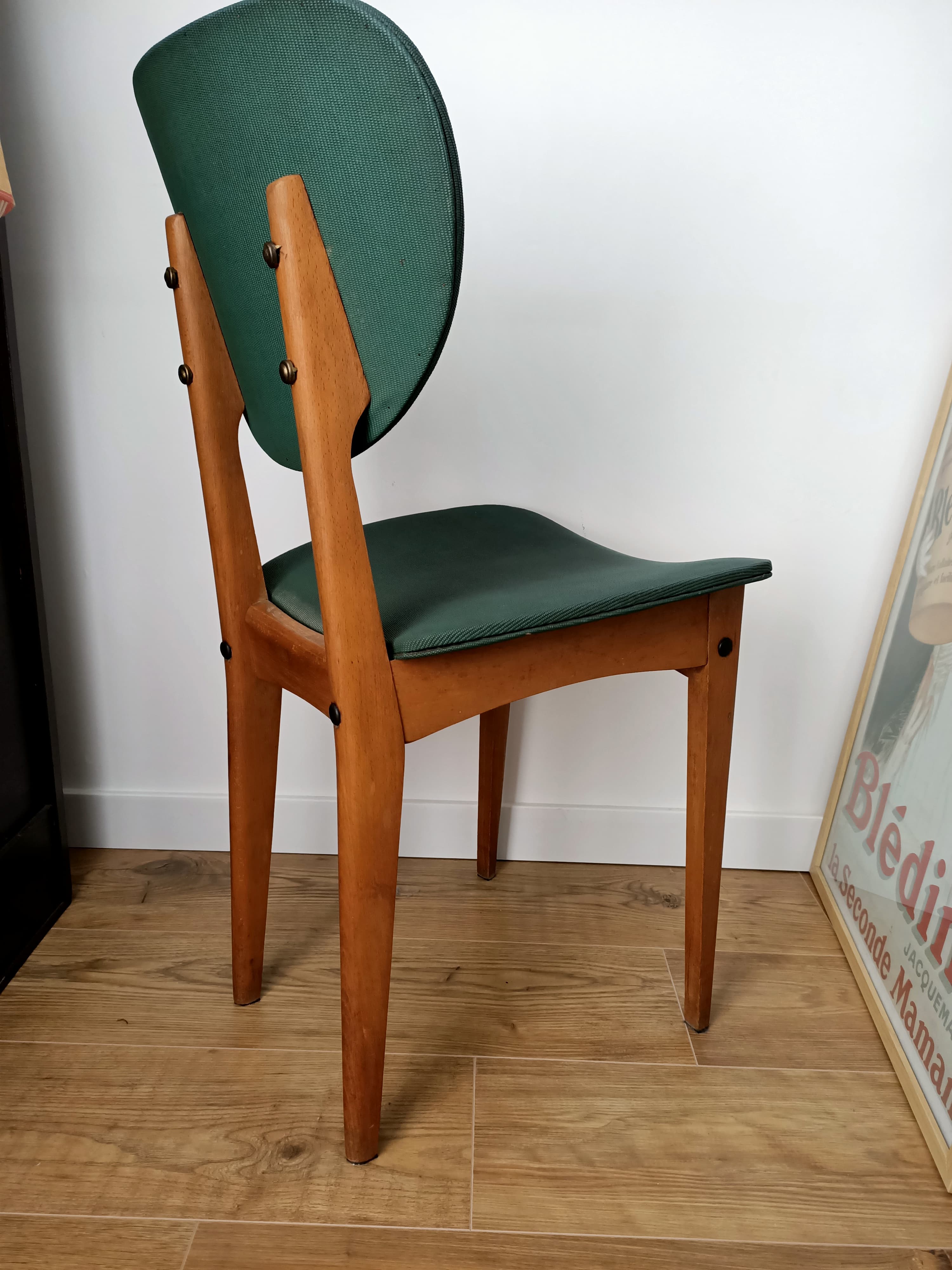 Wooden chair and green leather years -60s