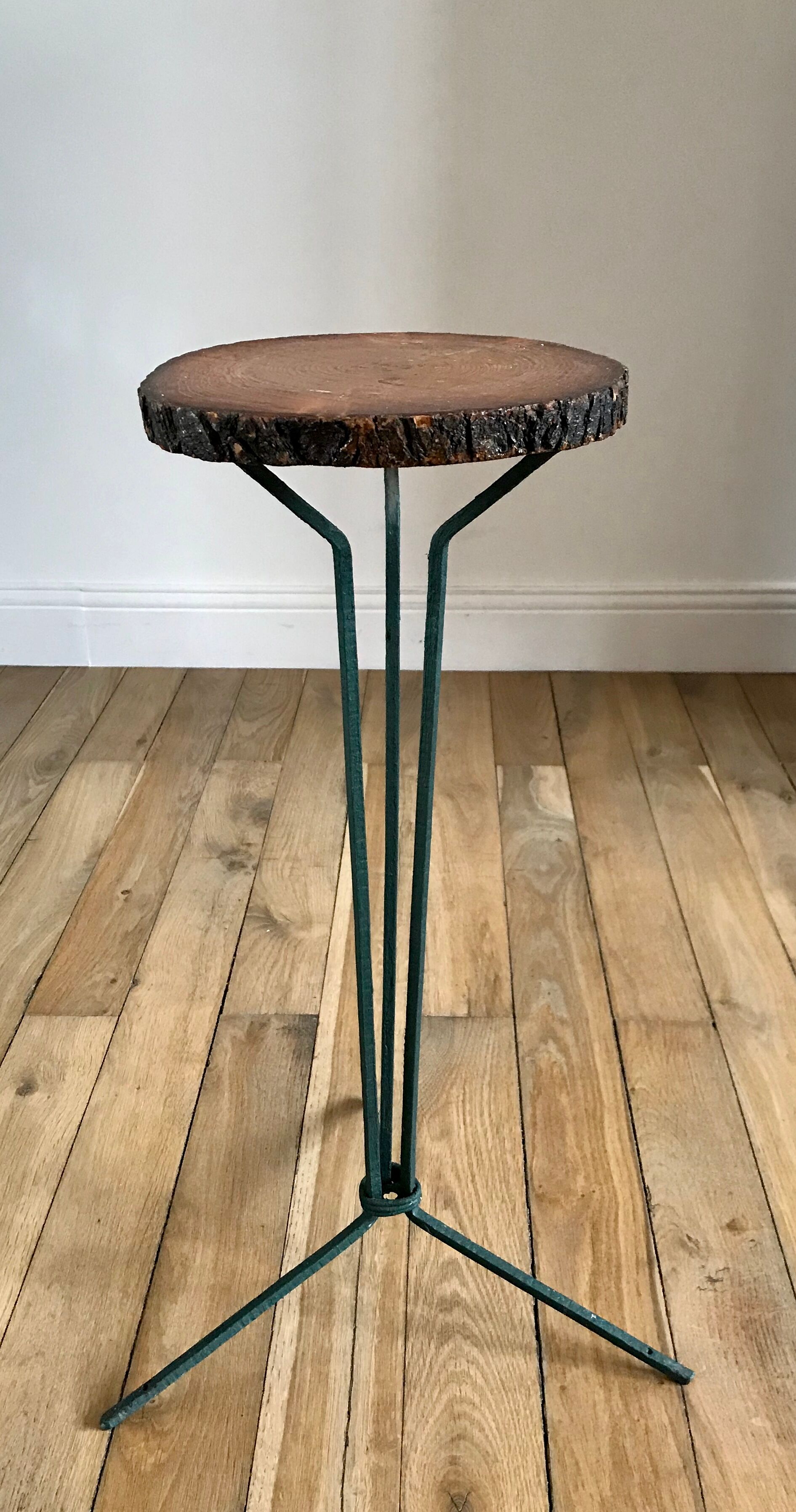 Brutalist stool design in wood and iron 70s