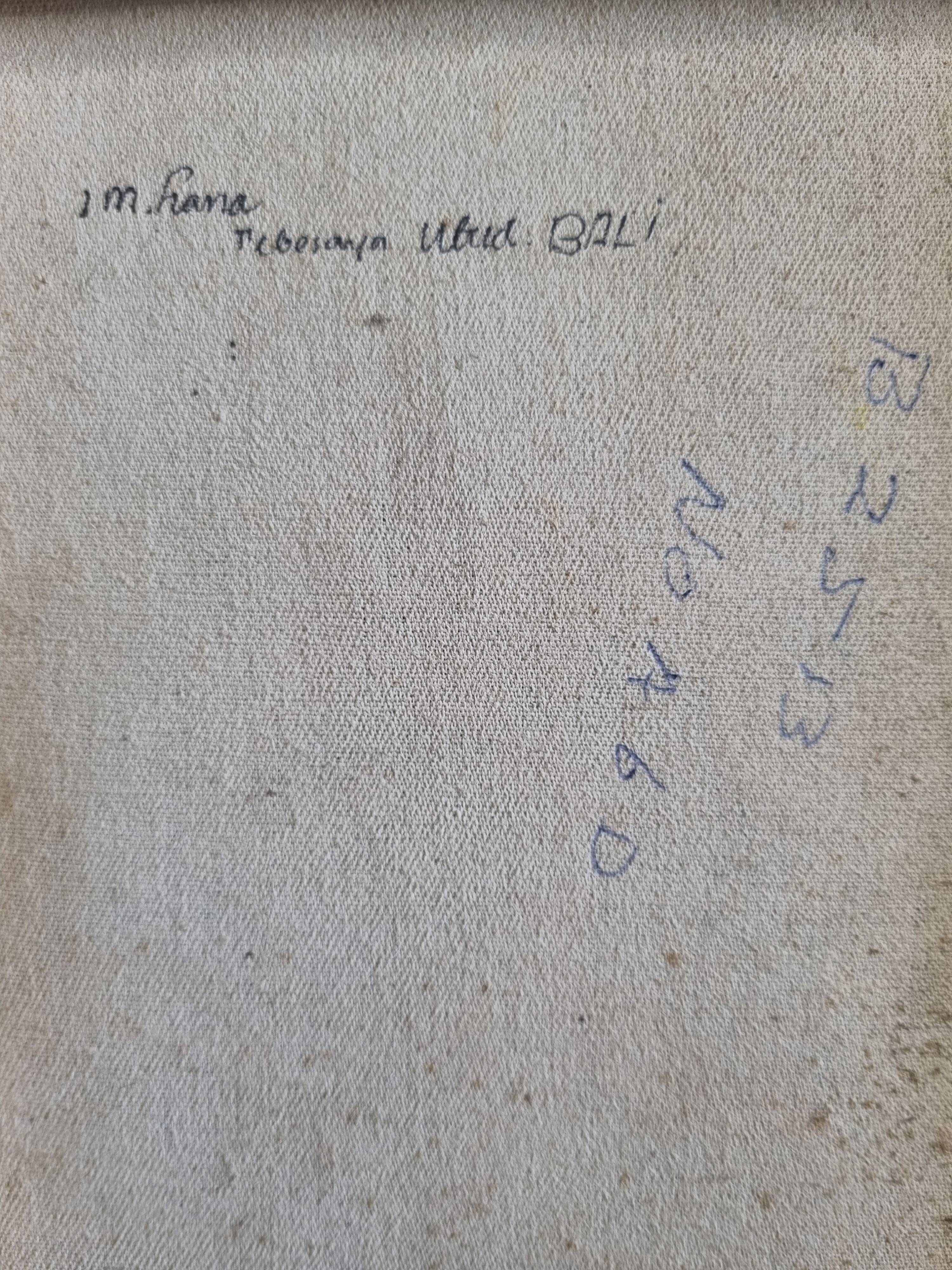 Tropical scene of Bali, painting on canvas in carved teak 33x38 cm.