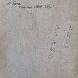 Tropical scene of Bali, painting on canvas in carved teak 33x38 cm.