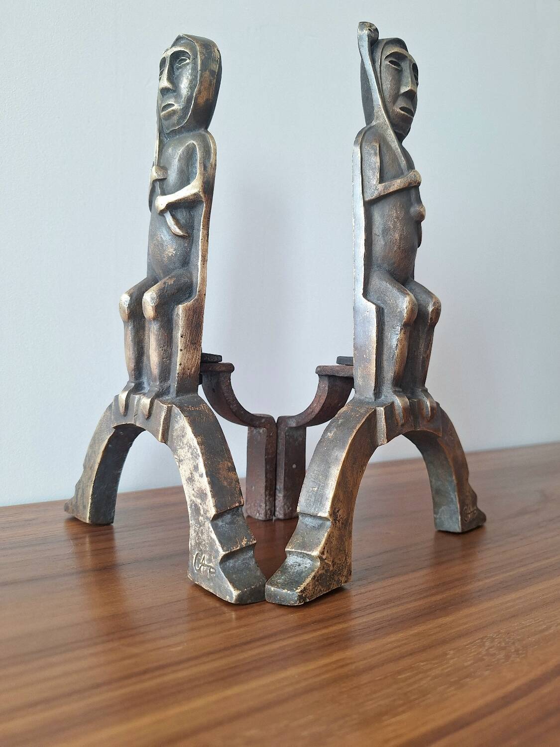 Anton Prinner pair of bronze andirons, Shaman model, statuettes vi