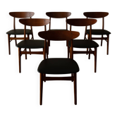 Ensemble de 6 chaises de salle à manger danoises des années 50 · Teck et Skai noir