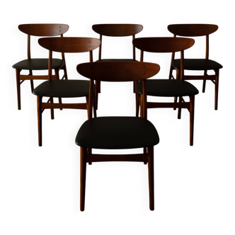 Set of 6 Danish Mid-Century Dining Chairs · Teak & Black Skai