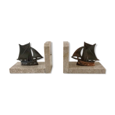 Pair of bookends boats in marble and steel 50s