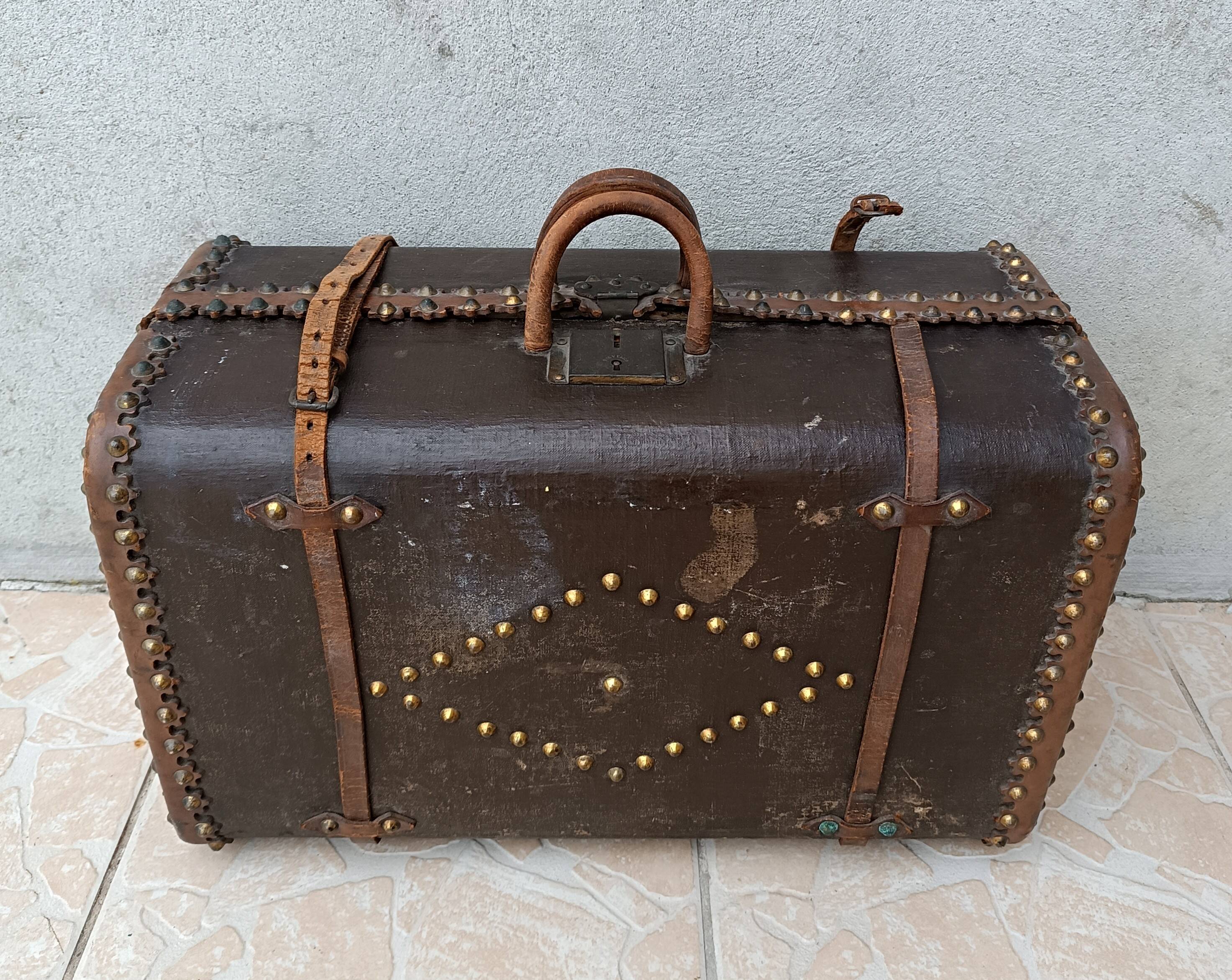 Antique wooden and leather travel trunk