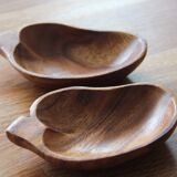 2 teak leaf-shaped trays