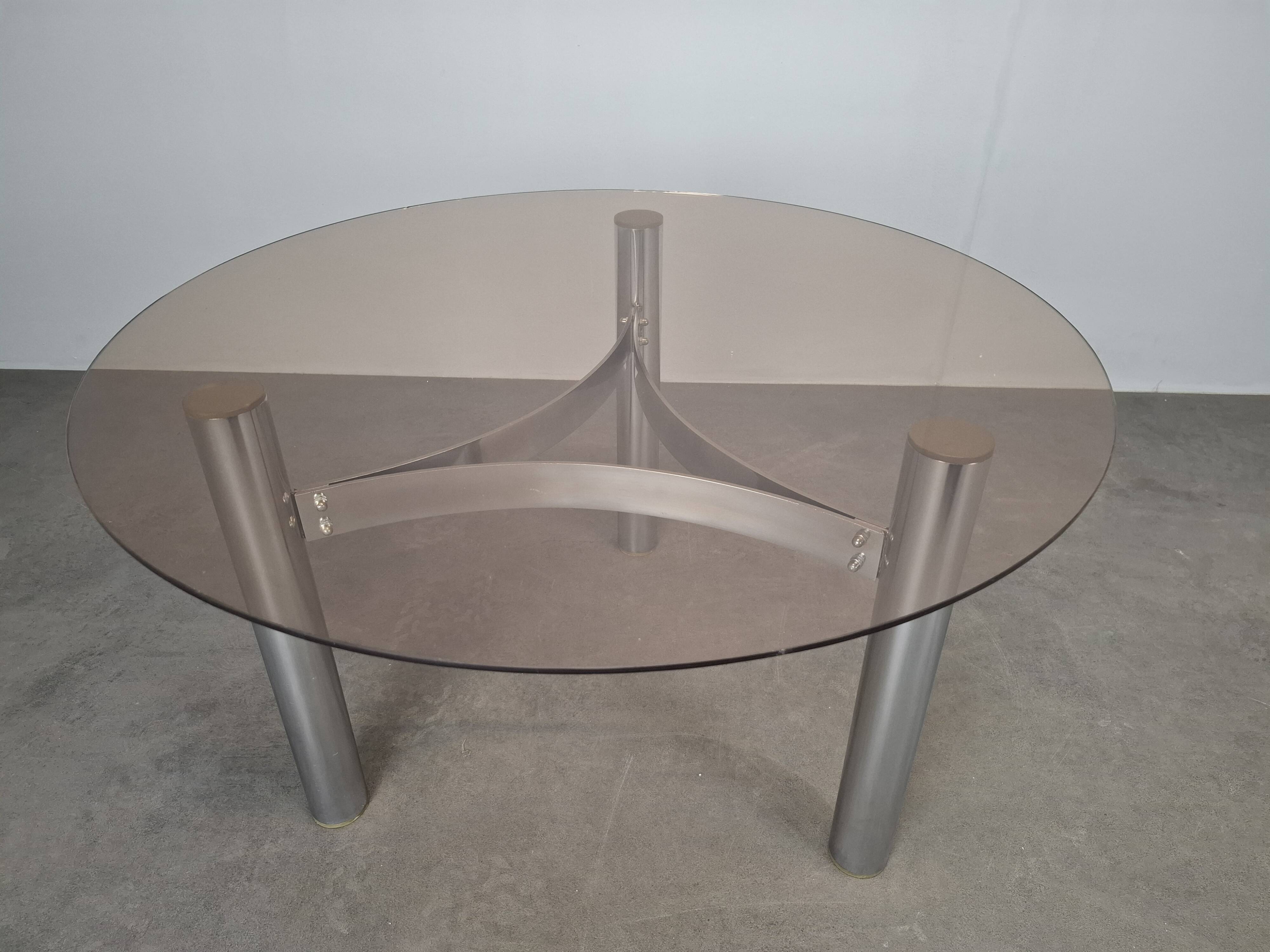 Mid-century Czechoslovak smoked glass coffee table, chrome metal, 1970s