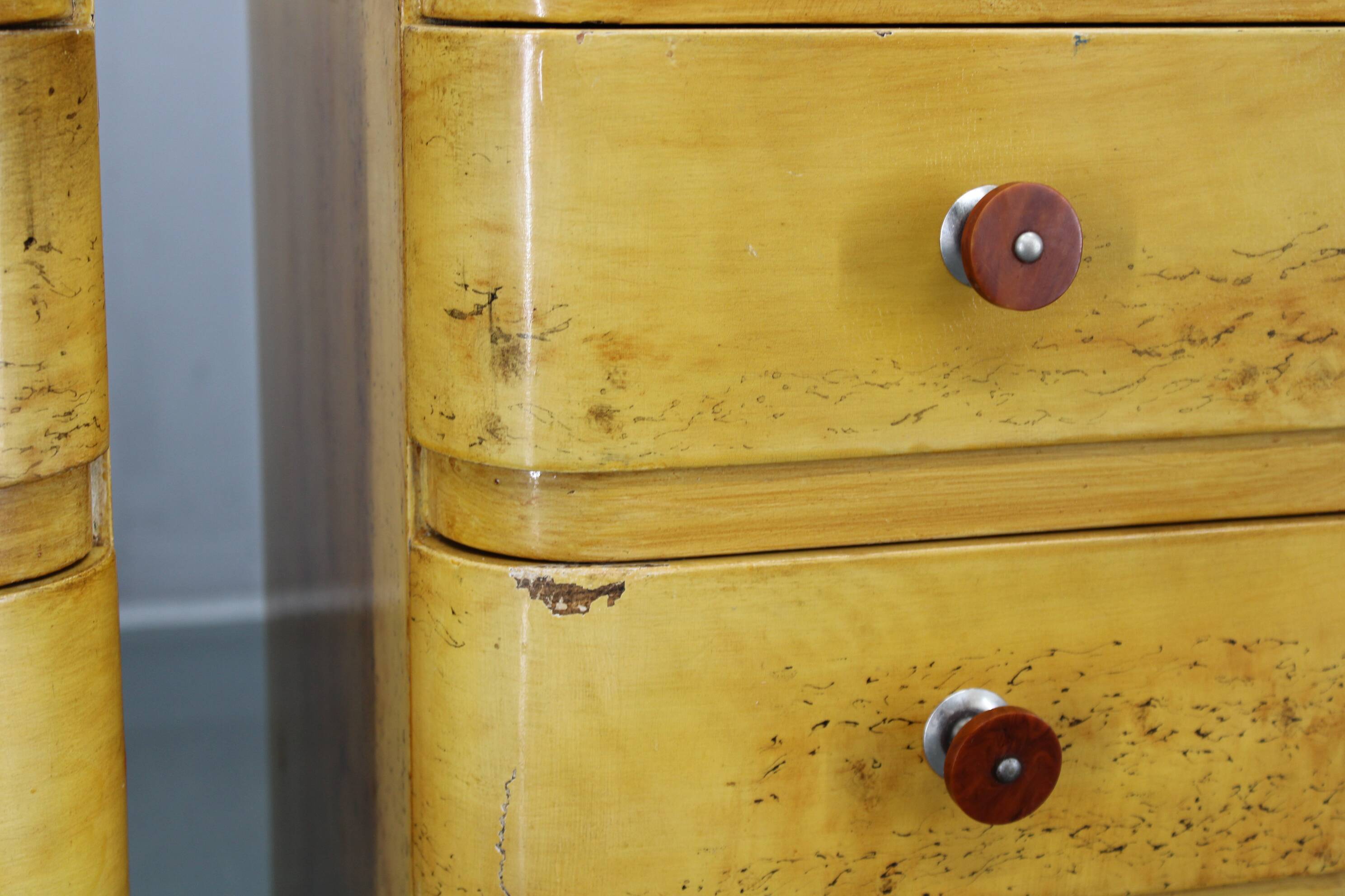 Pair of 1940s Czechoslovak Art Deco nightstands with painted maple imitation finish