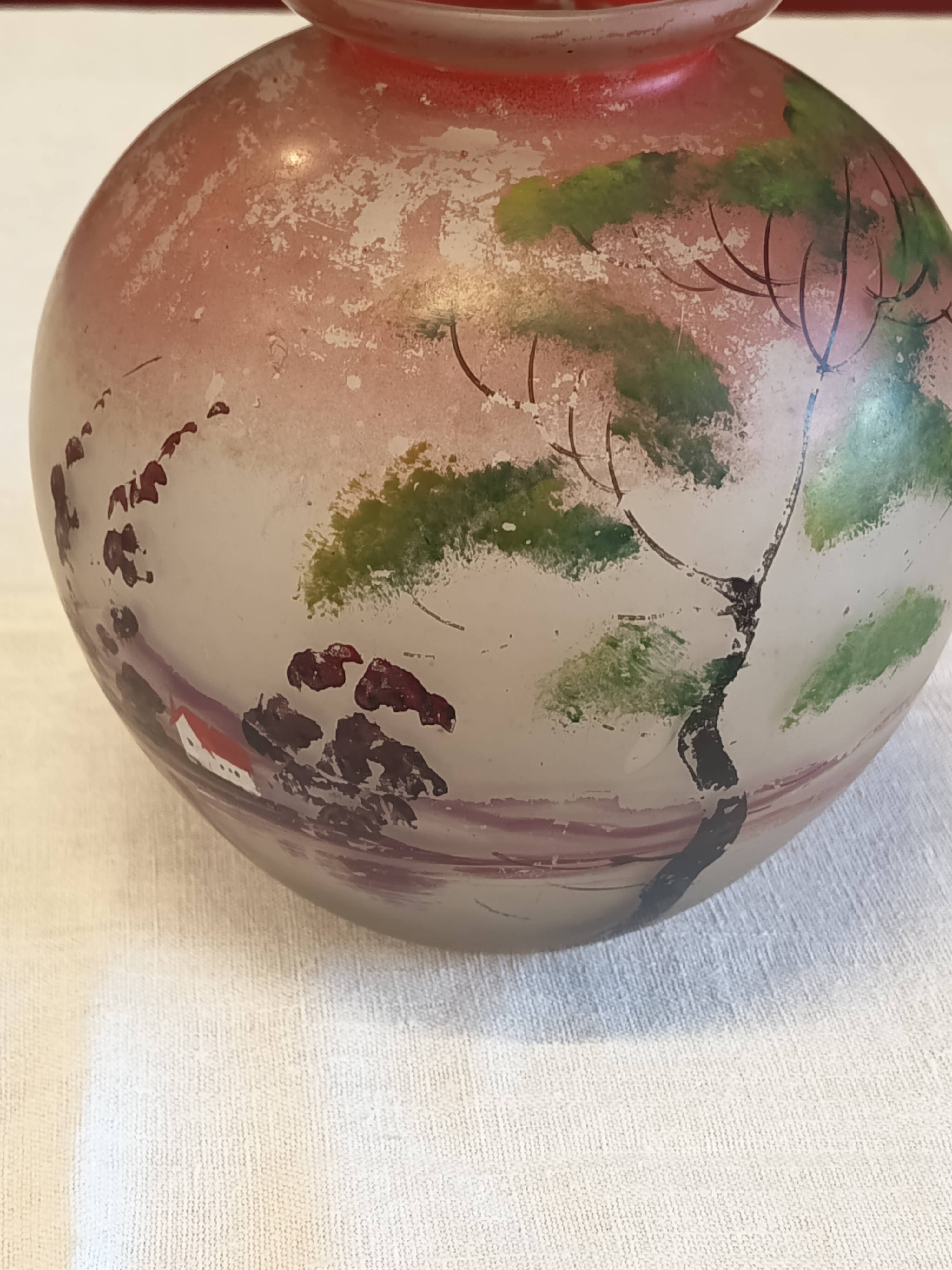Round glass vase decorated with a landscape according to JS Peynaud.