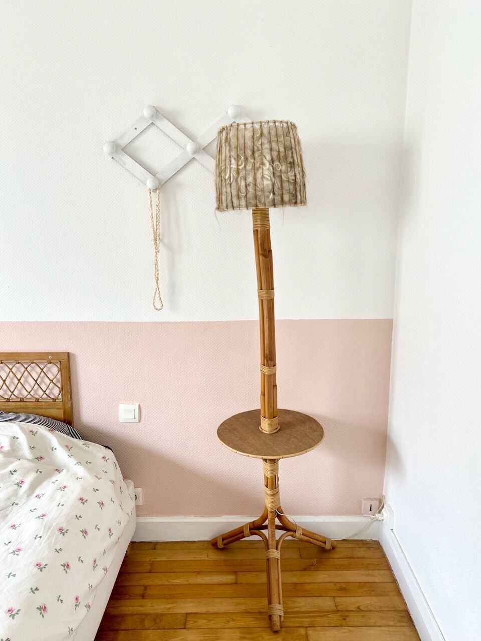 Vintage rattan bedside table floor lamp