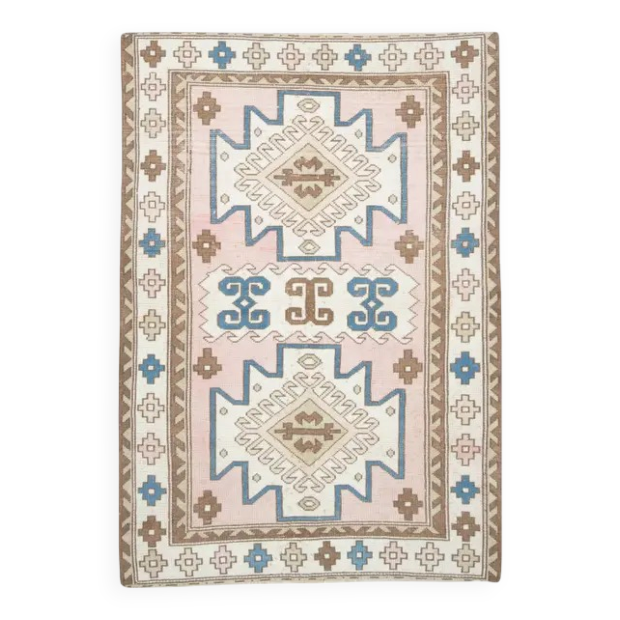 1970s Vintage Turkish Oushak Handmade Wool Cotton Pink Area Rug 130x190