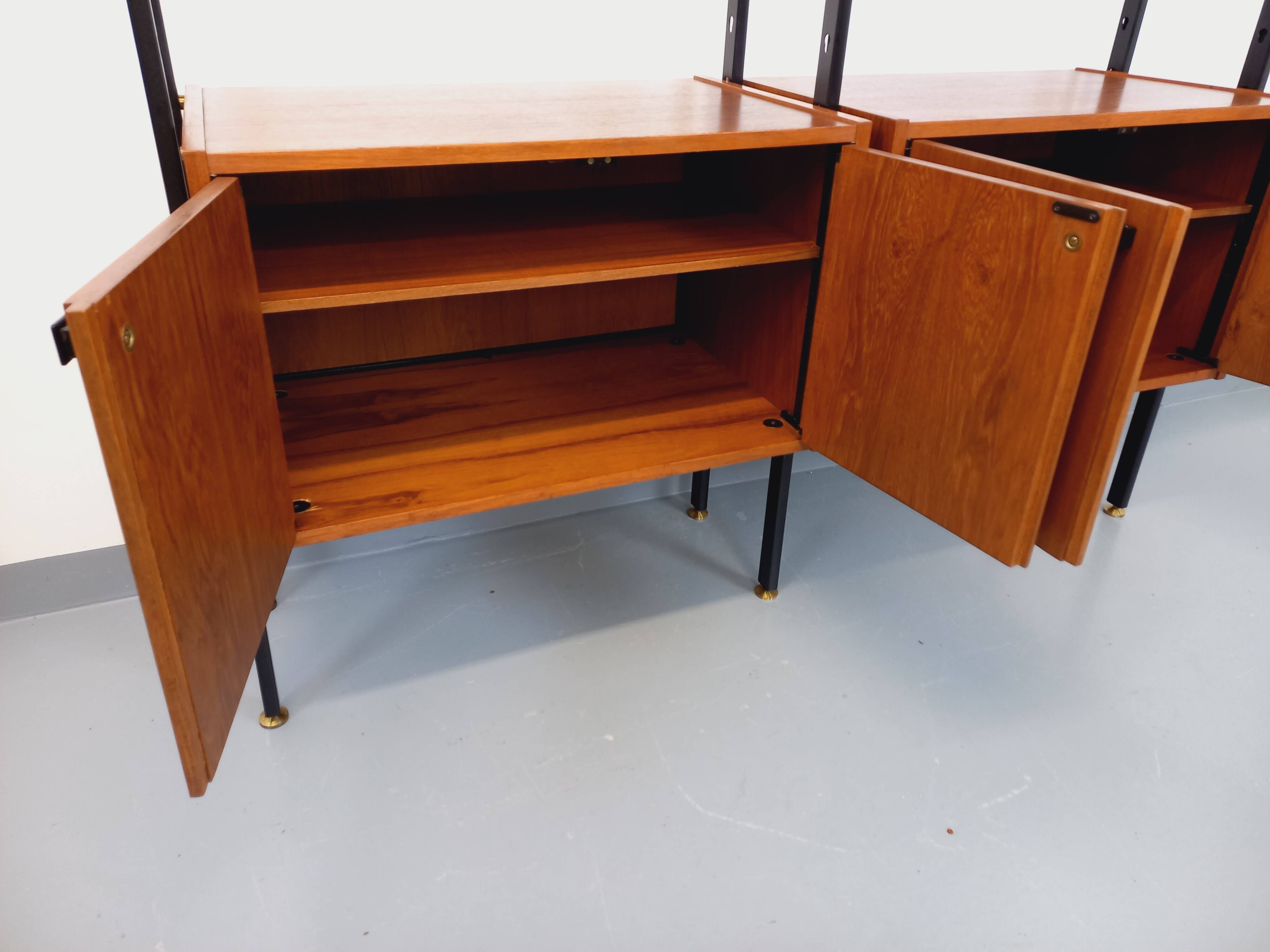 Vintage Italian double modular shelf bookcase in teak and metal
